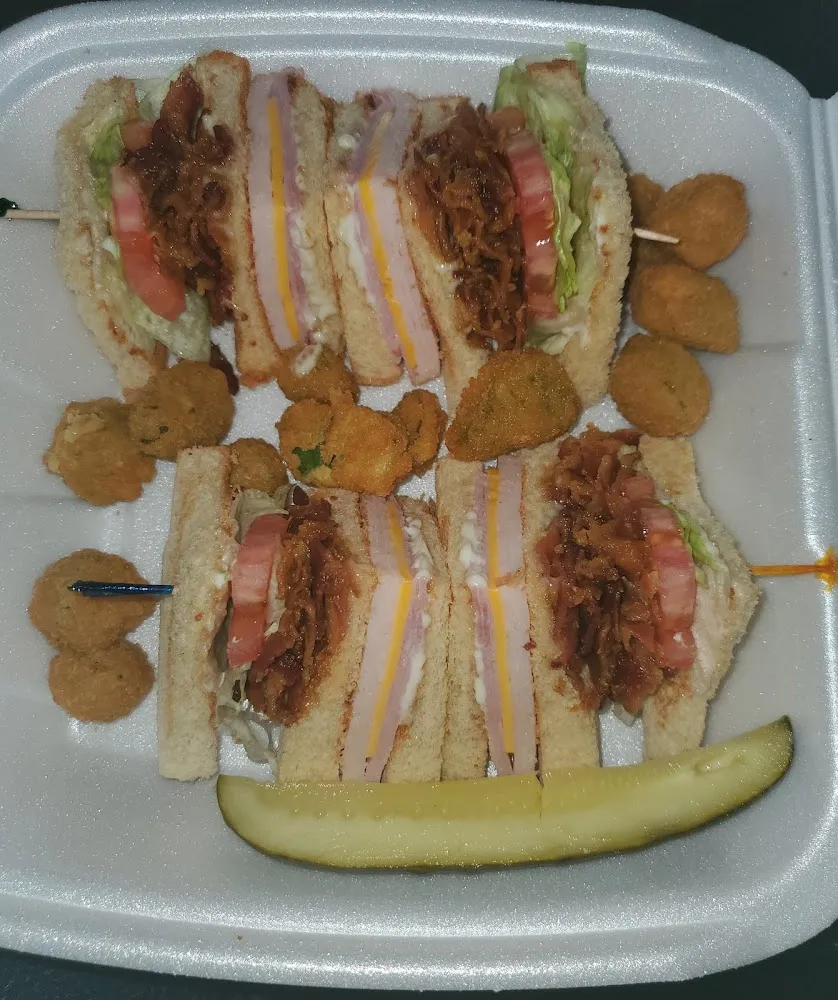 Ham and Turkey Bacon Club with Fried Okra